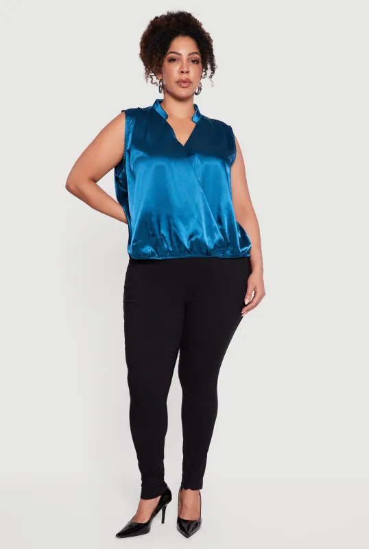 Plus Size Sleeveless Notch Neck Satin Faux Wrap Top made by Rainbow