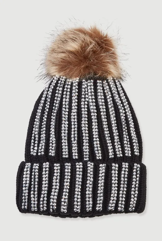 Rhinestone Beanie with Faux Fur Pom Pom sold by Rainbow