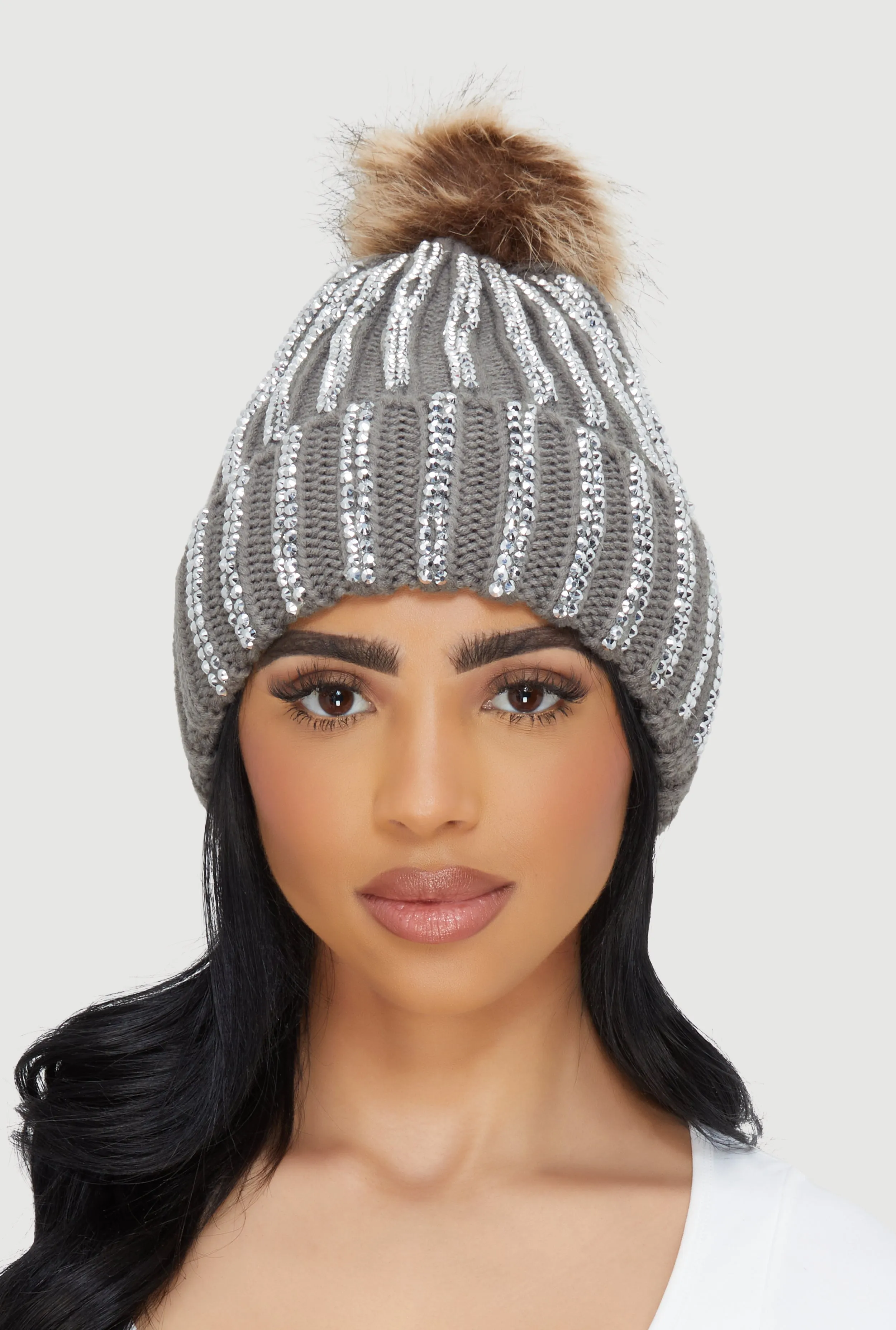 Rhinestone Beanie with Faux Fur Pom Pom sold by Rainbow product image thumbnail 2