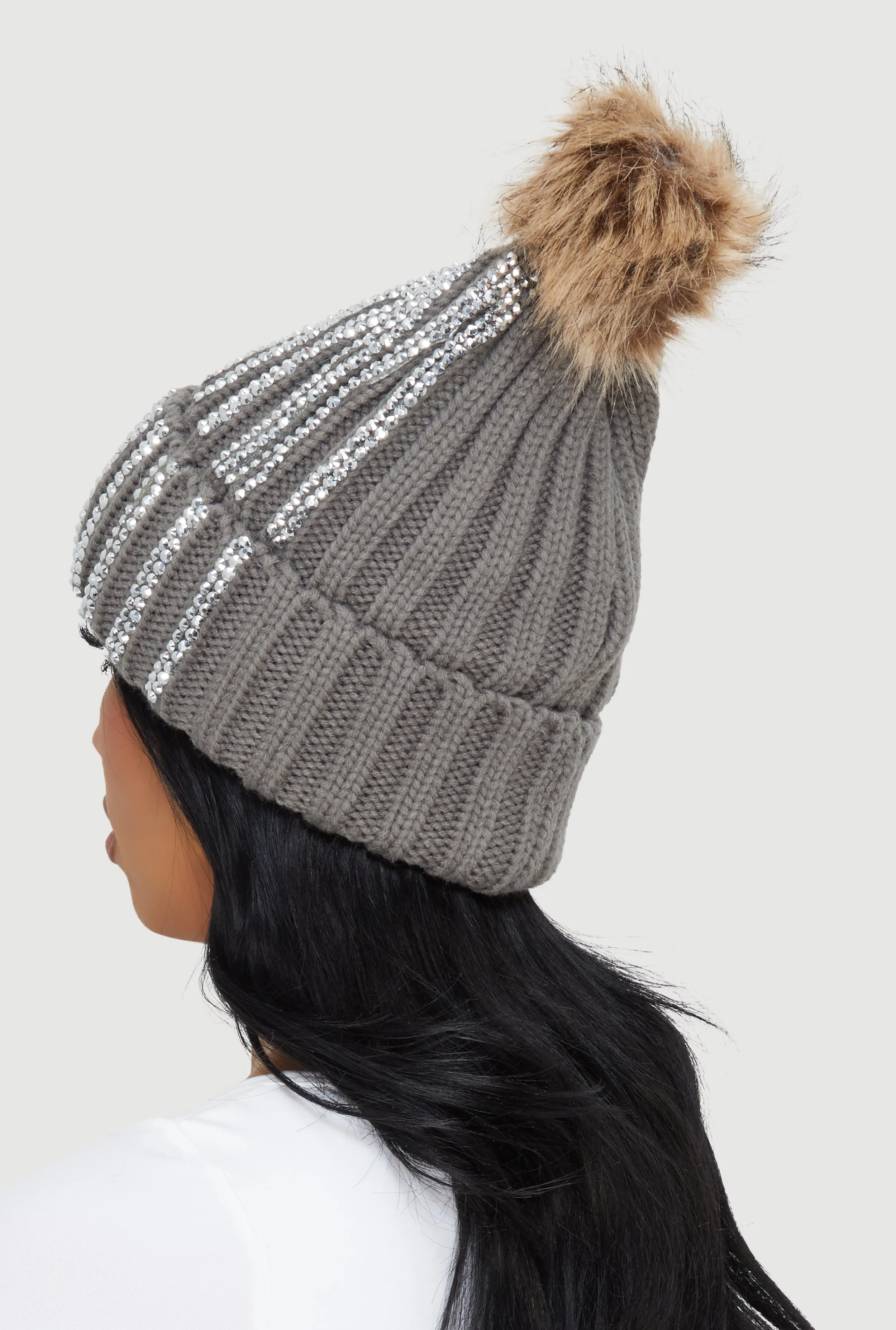 Rhinestone Beanie with Faux Fur Pom Pom sold by Rainbow product image thumbnail 3