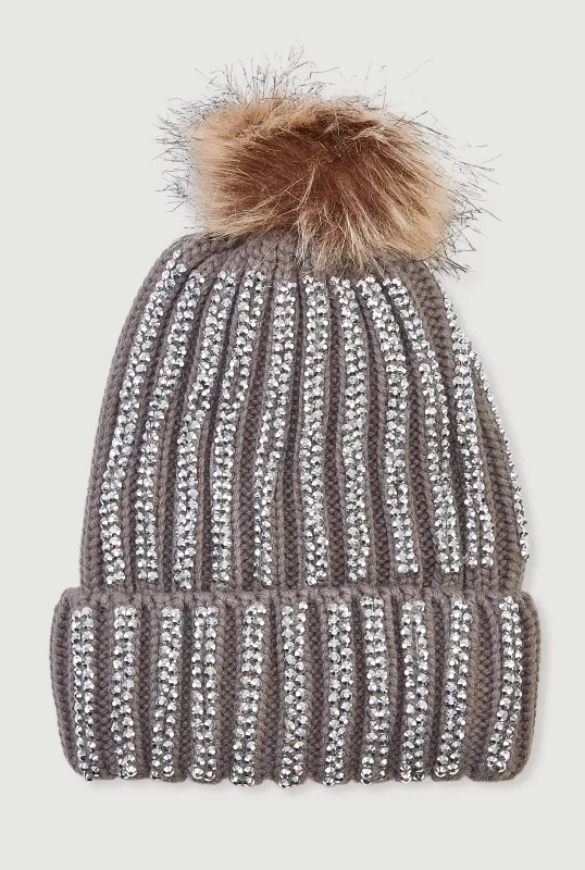 Rhinestone Beanie with Faux Fur Pom Pom sold by Rainbow