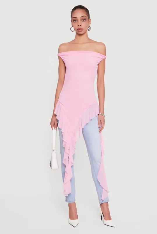 Off Shoulder Twist Sleeve Ruffle Mesh Blouse sold by Rainbow