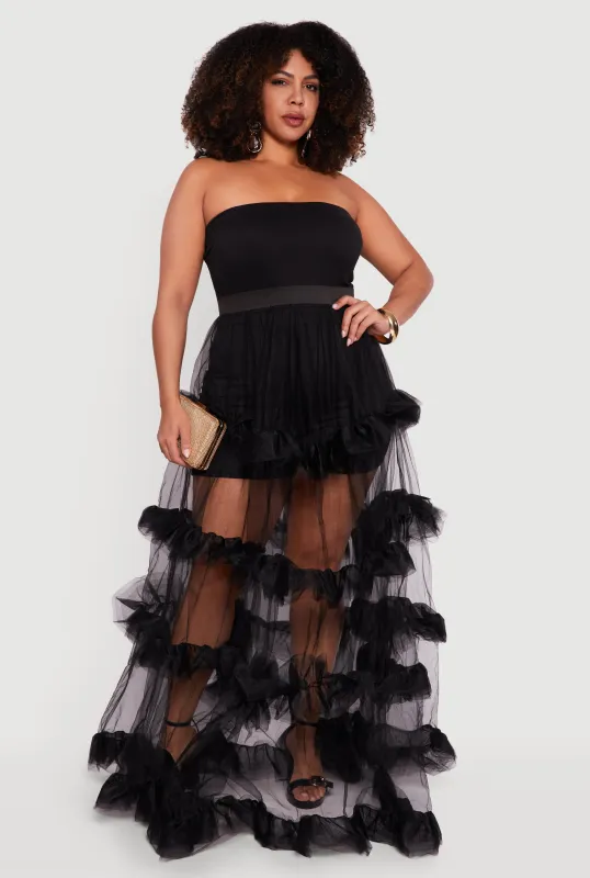 Plus Size Tube Romper with Tulle Tiered Ruffle Maxi Skirt sold by Rainbow