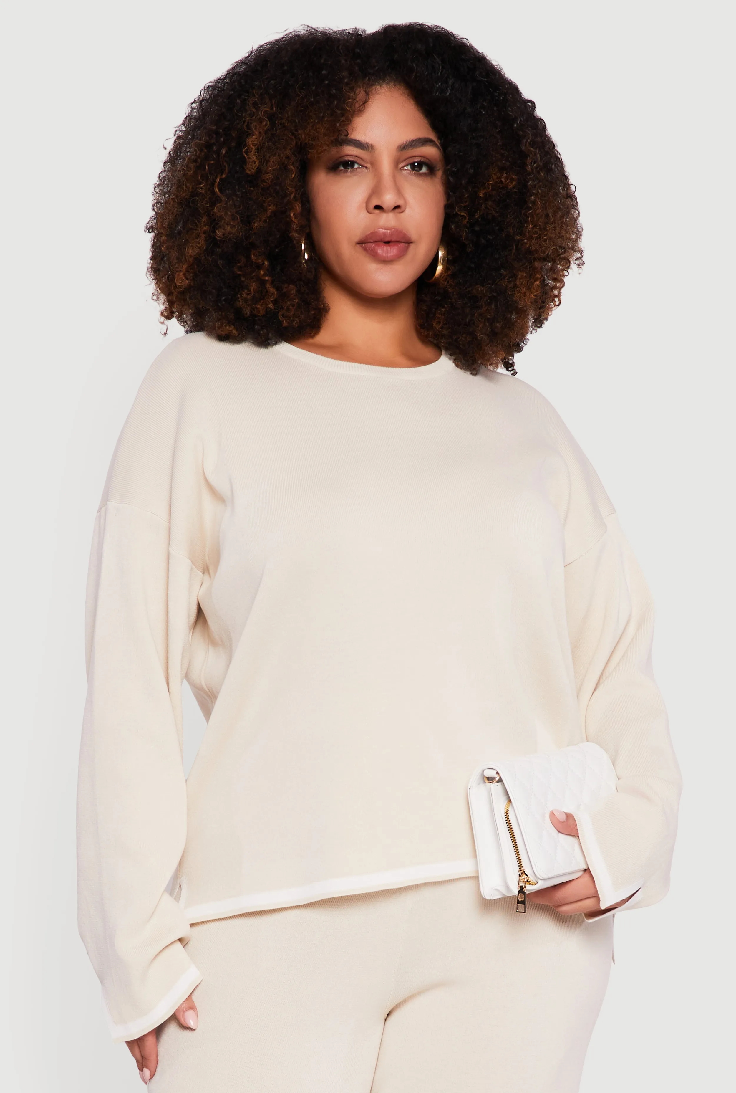 Plus Size Long Sleeve Contrast Trim Sweater sold by Rainbow