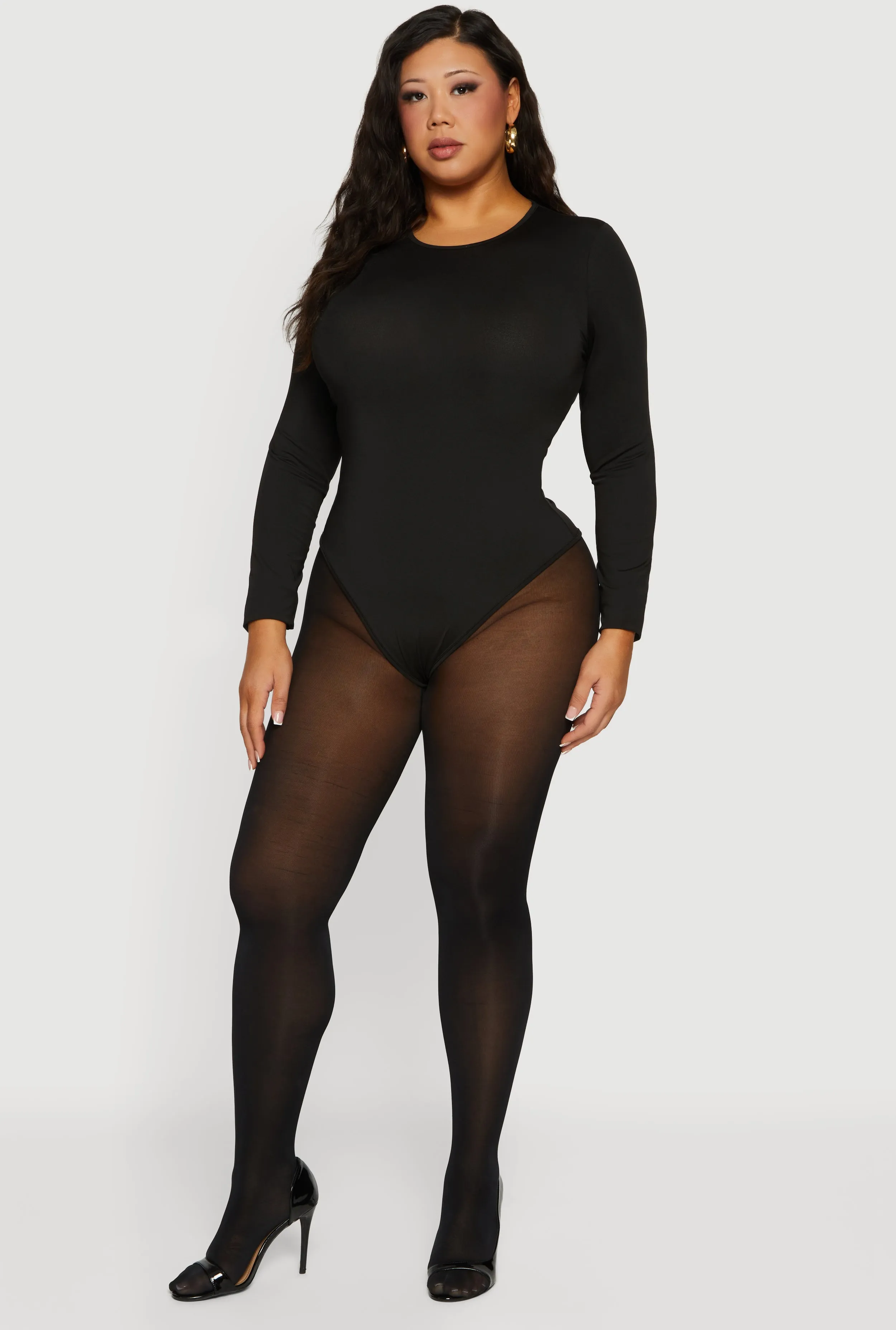 Plus Size Long Sleeve Solid Crew Neck Bodysuit sold by Rainbow