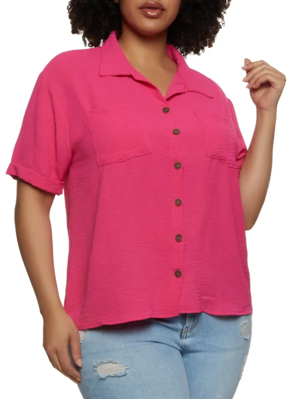 Plus Size Airy Pocket Button Down Shirt sold by Rainbow