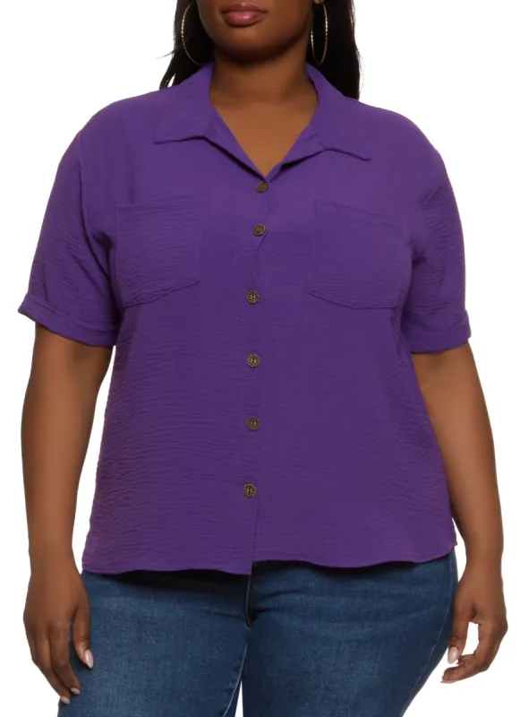 Plus Size Airy Pocket Button Down Shirt sold by Rainbow