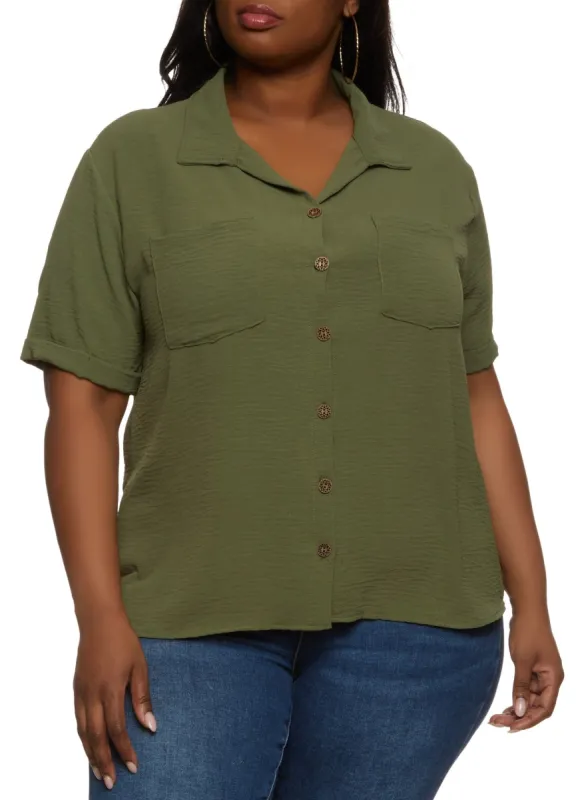Plus Size Airy Pocket Button Down Shirt sold by Rainbow
