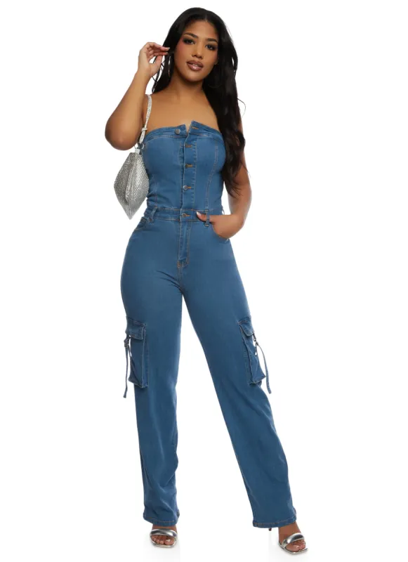 Daisy Denim Strapless Cargo Pocket Jumpsuit sold by Rainbow