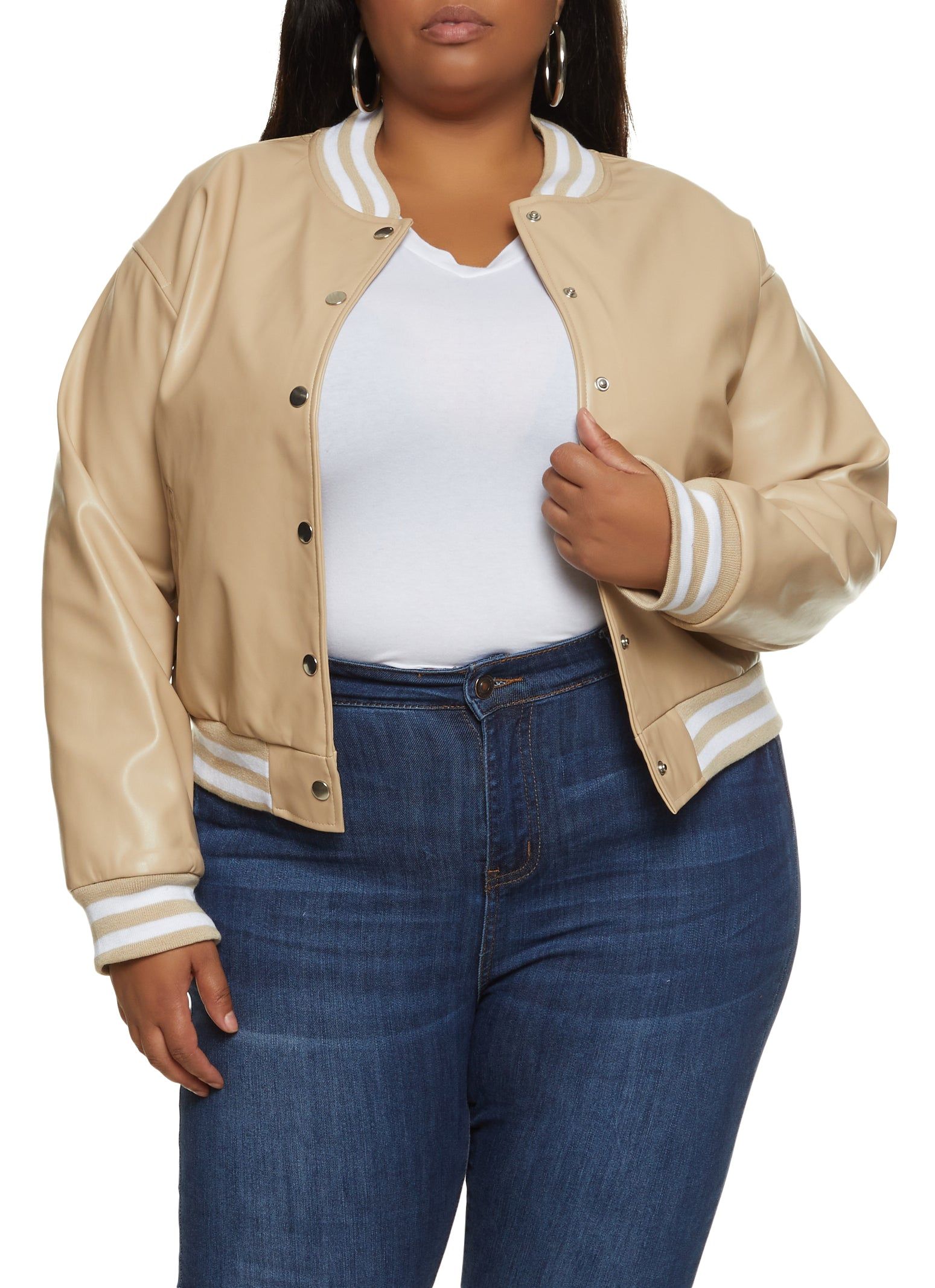Plus Size Faux Leather Varsity Bomber Jacket sold by Rainbow