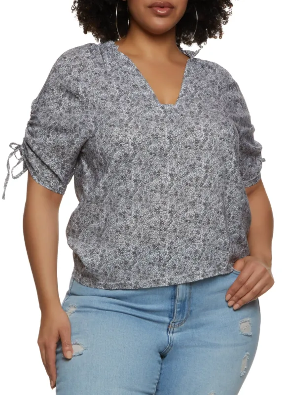 Plus Size Floral Ruched Tie Sleeve Top sold by Rainbow