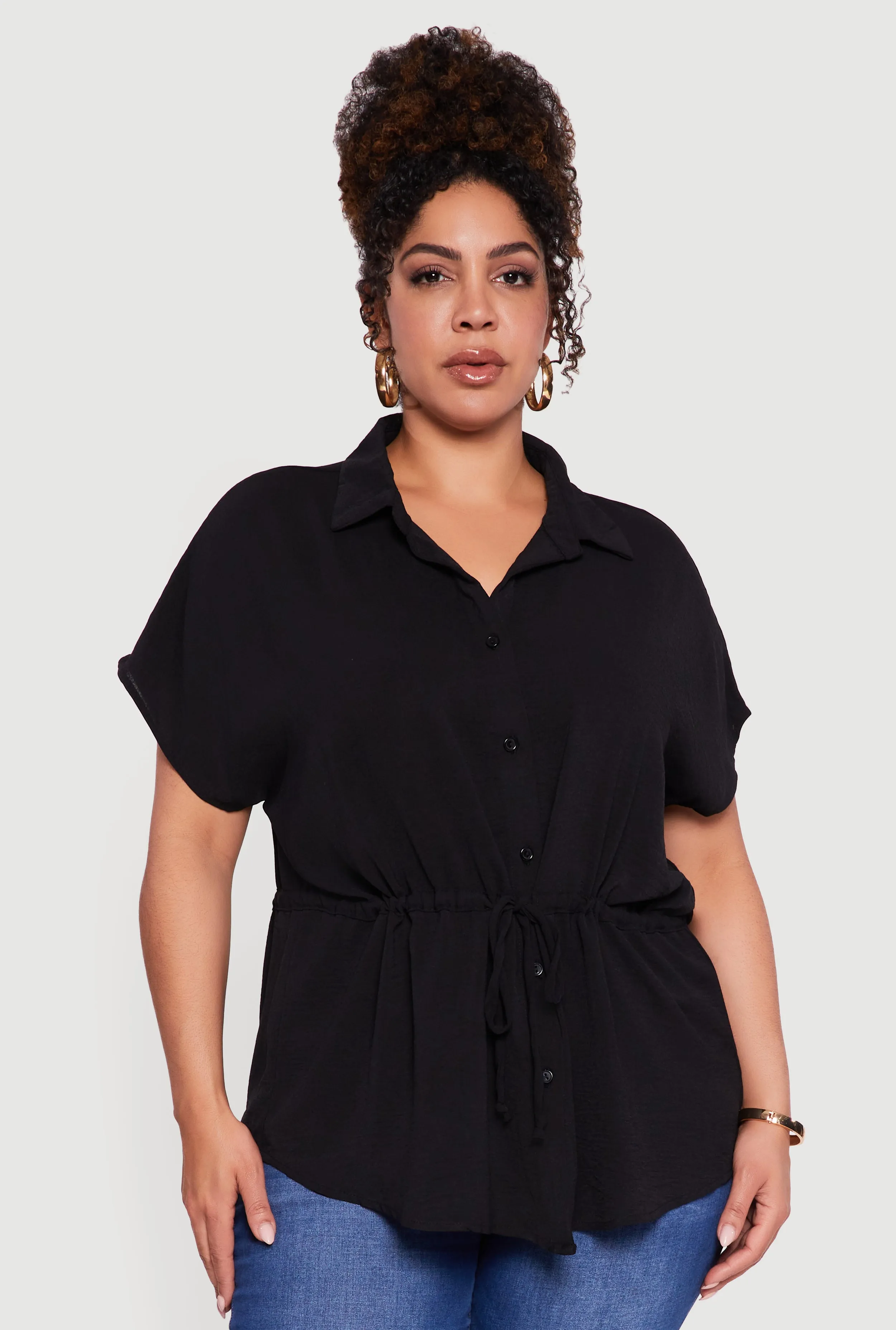 Plus Size Drawstring Waist Button Front Blouse sold by Rainbow product image thumbnail 2