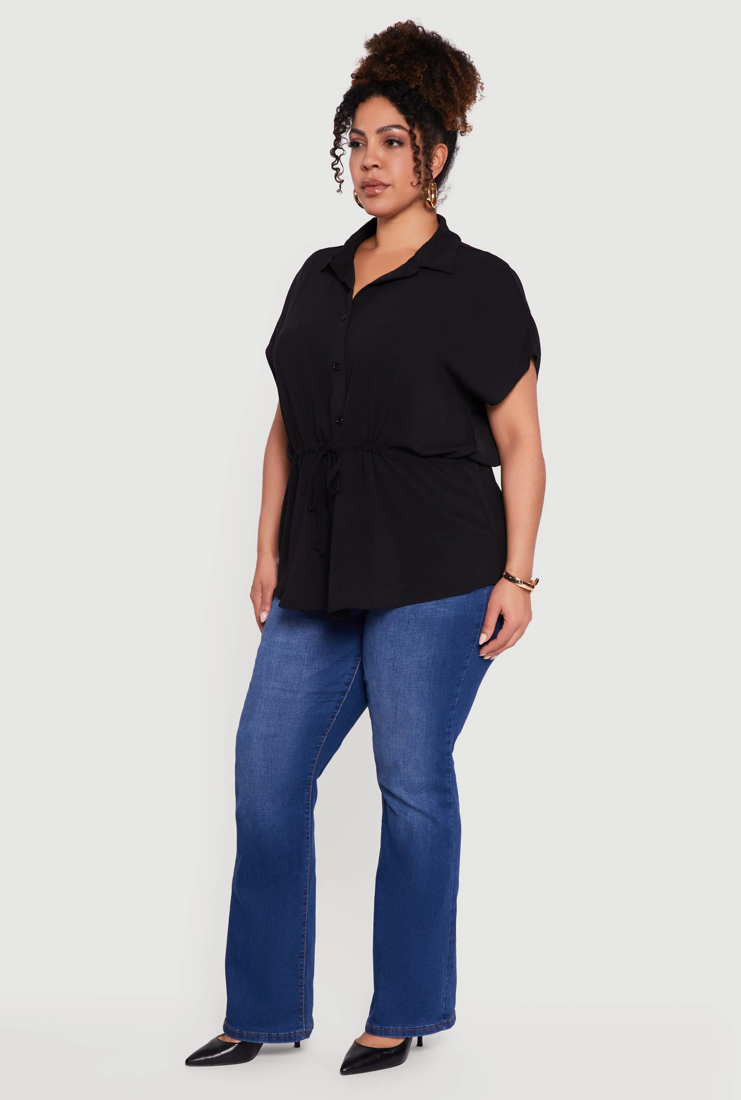 Plus Size Drawstring Waist Button Front Blouse sold by Rainbow product image thumbnail 3