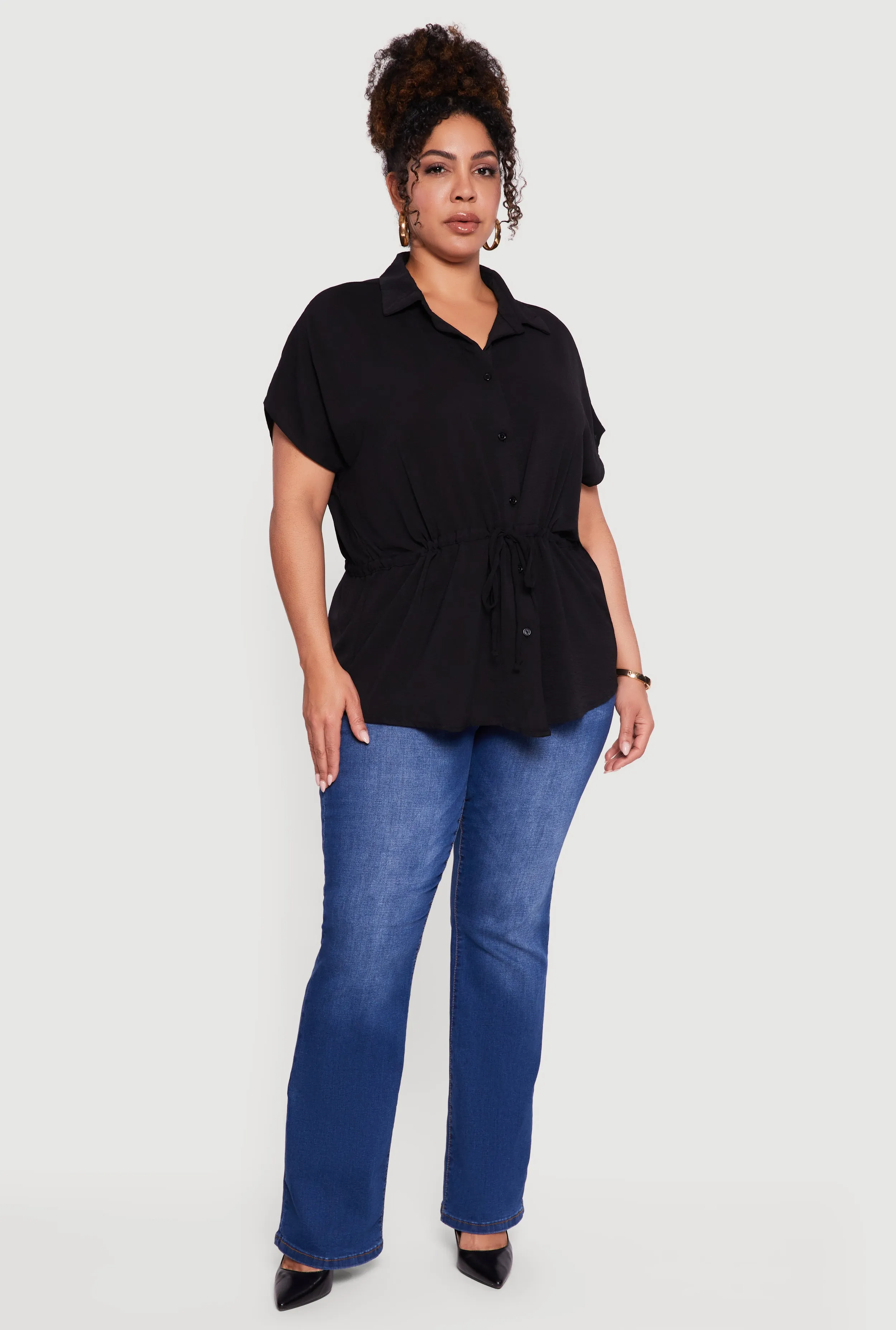 Plus Size Drawstring Waist Button Front Blouse sold by Rainbow