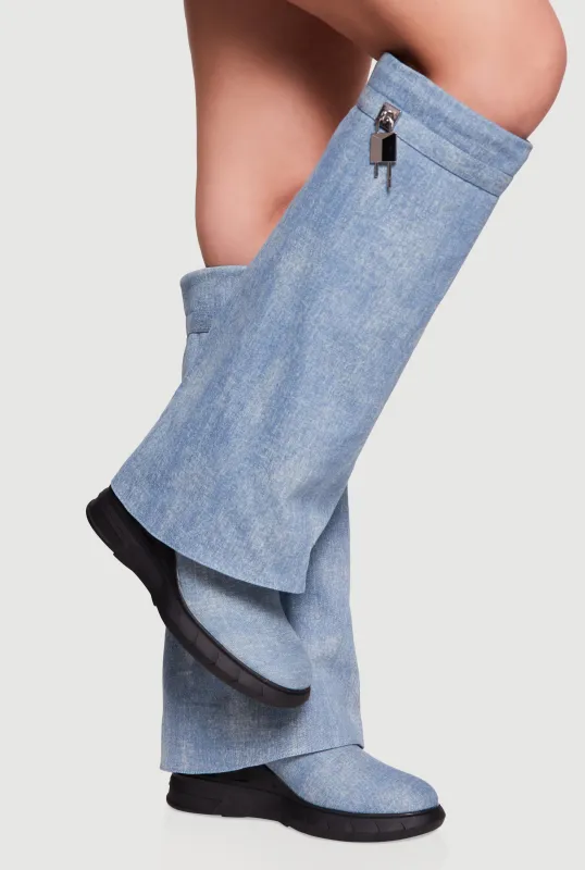 Metallic Lock Charm Denim Fold Over Wedge Boots sold by Rainbow