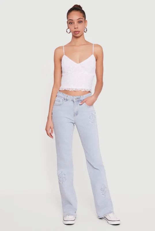 Frayed Dollar Sign Embroidered Boot Cut Jeans made by Almost Famous
