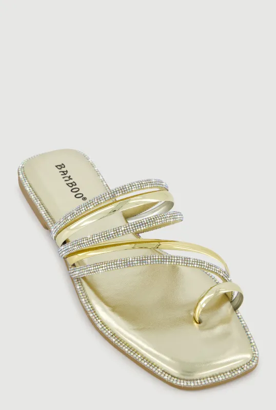 Asymmetrical Metallic Rhinestone Strappy Toe Loop Sandals sold by Rainbow