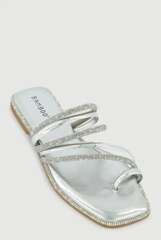 Asymmetrical Metallic Rhinestone Strappy Toe Loop Sandals sold by Rainbow