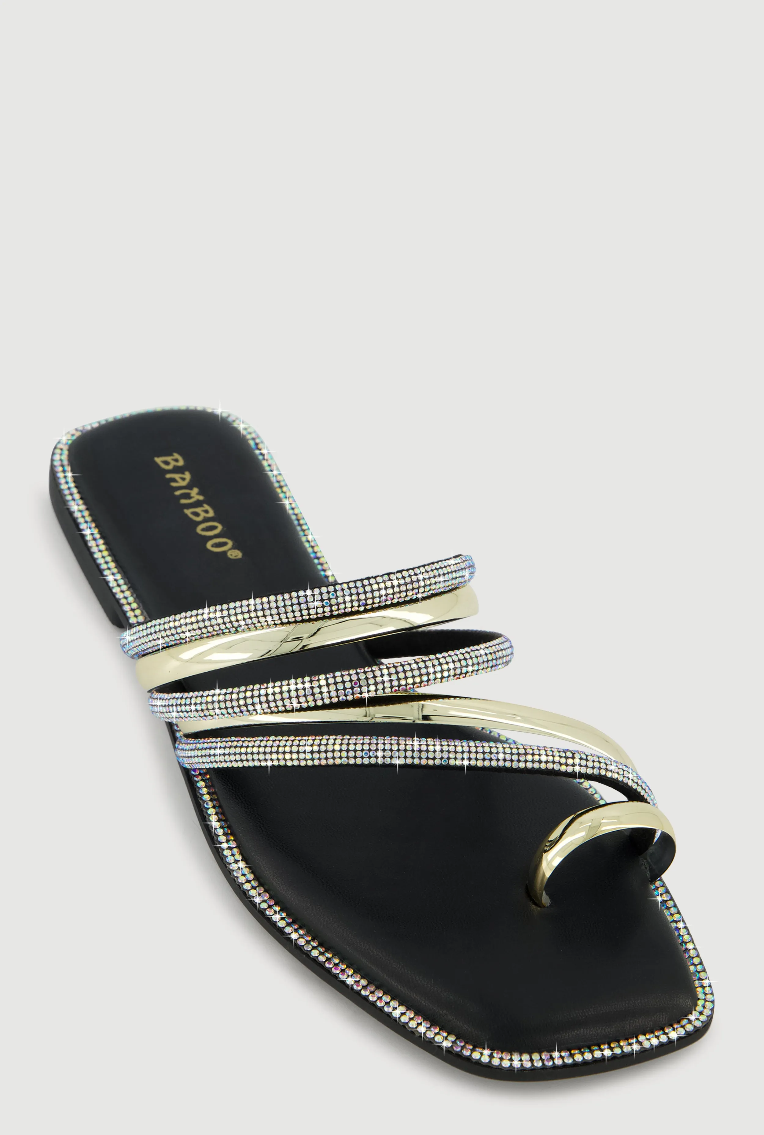 Asymmetrical Metallic Rhinestone Strappy Toe Loop Sandals sold by Rainbow