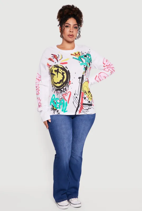Plus Size Graffiti Print Long Sleeve Crew Neck Tee sold by Rainbow