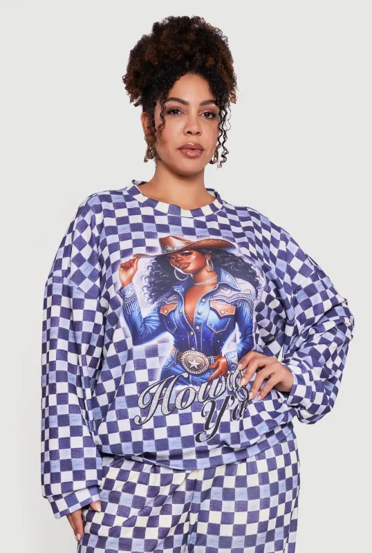 Plus Size Howdy Yall Checkered Long Sleeve Top made by Rainbow