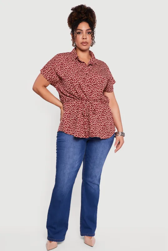 Plus Size Patterned Cinched Waist Button Front Shirt sold by Rainbow