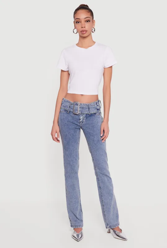 Rhinestone Belted Front Boot Cut Jeans sold by Rainbow