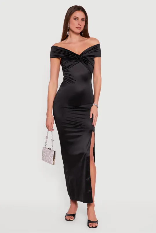 Twist Front Side Slit Satin Maxi Dress sold by Rainbow