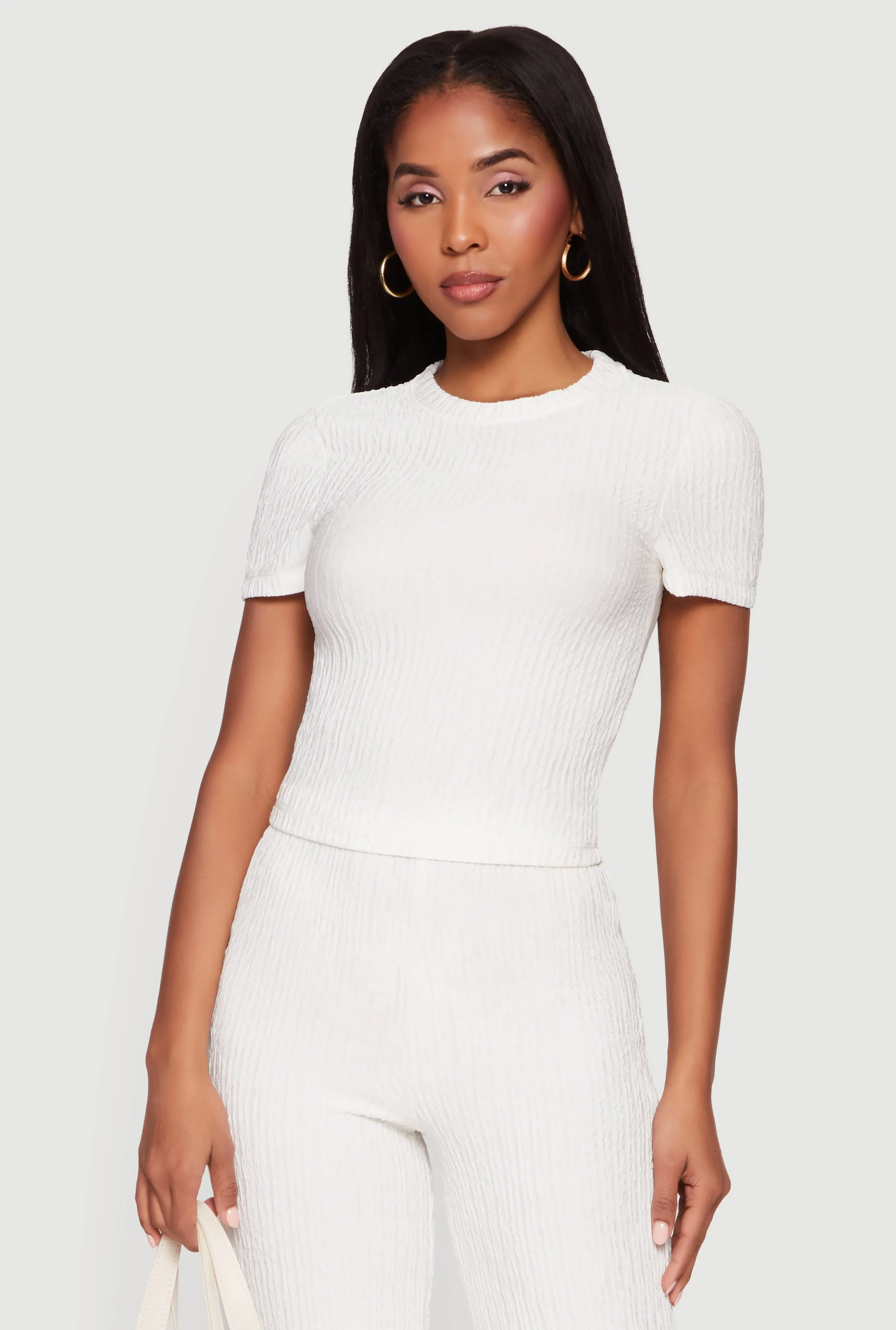 Textured Knit Short Sleeve Crew Neck Top sold by Rainbow