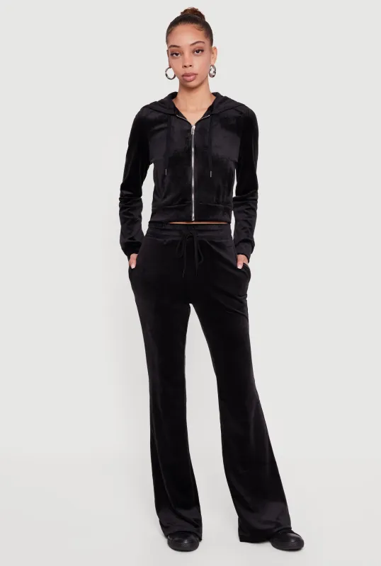 Drawstring High Waisted Velour Flare Leg Sweatpants made by iris