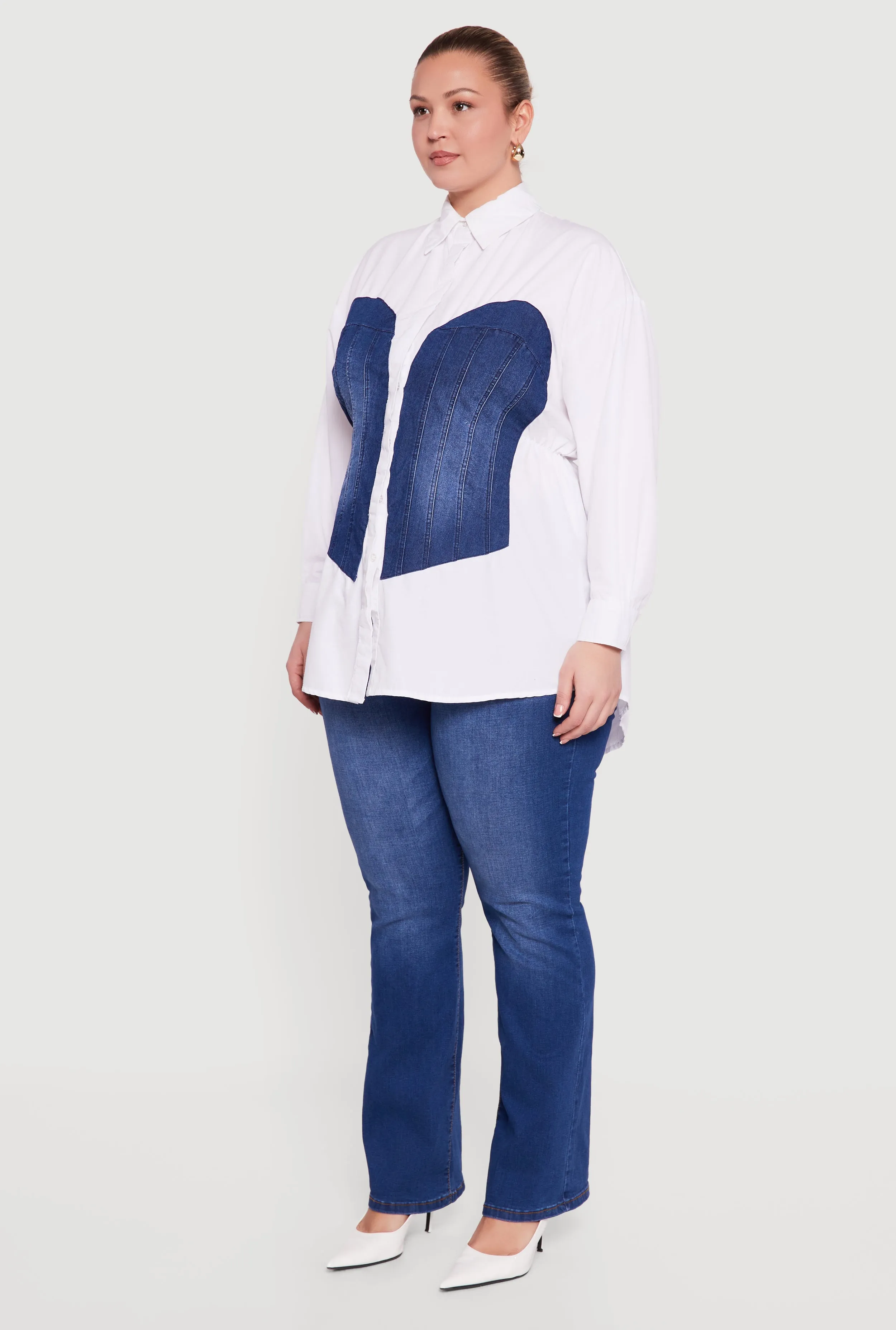 Plus Size Denim Corset Detail Button Down Long Sleeve Blouse sold by Rainbow product image thumbnail 3
