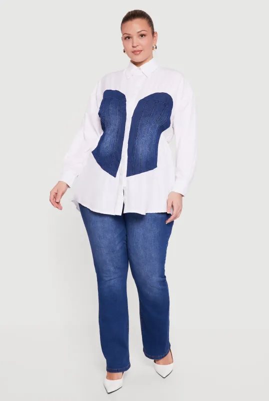 Plus Size Denim Corset Detail Button Down Long Sleeve Blouse made by Rainbow