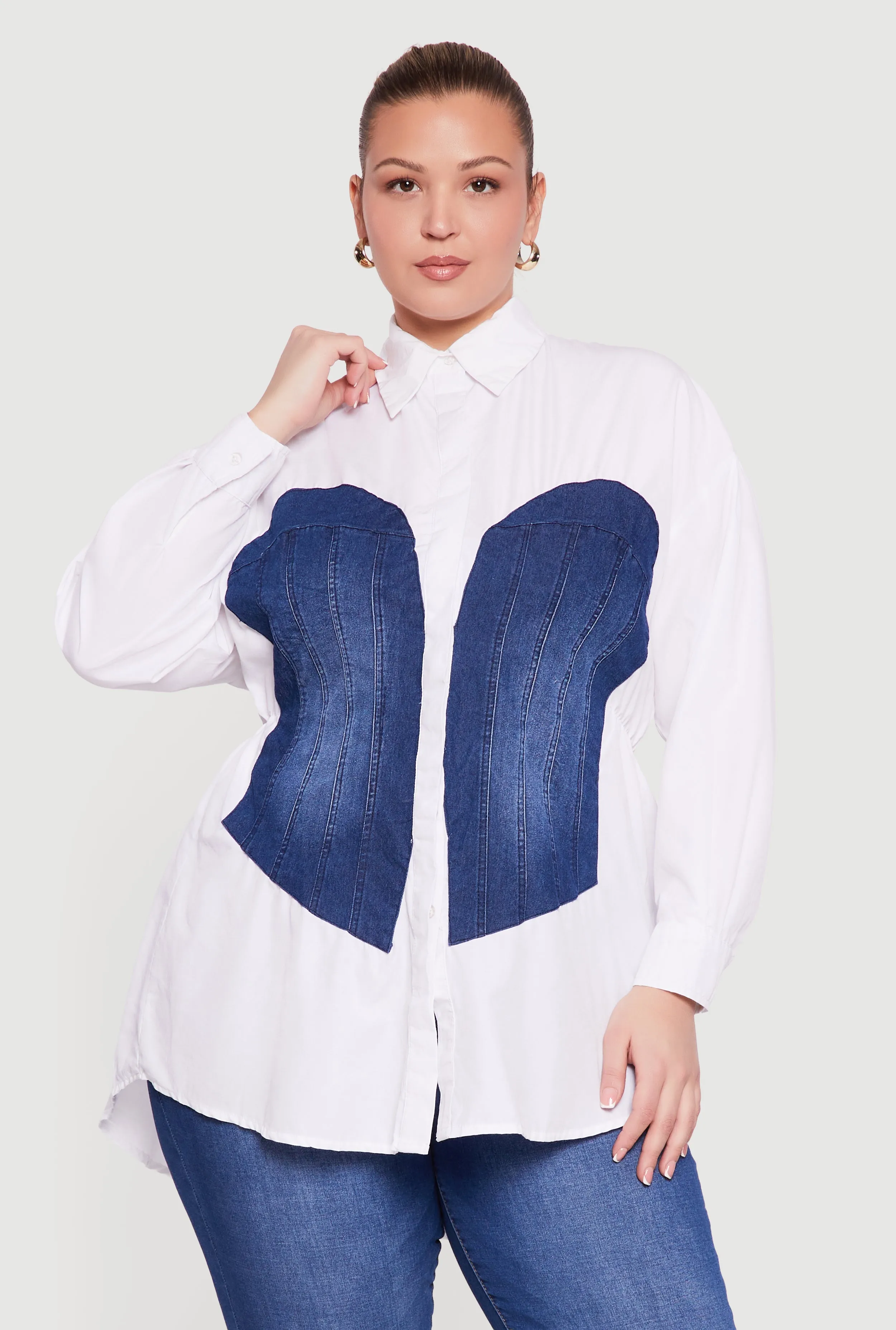 Plus Size Denim Corset Detail Button Down Long Sleeve Blouse sold by Rainbow product image thumbnail 2