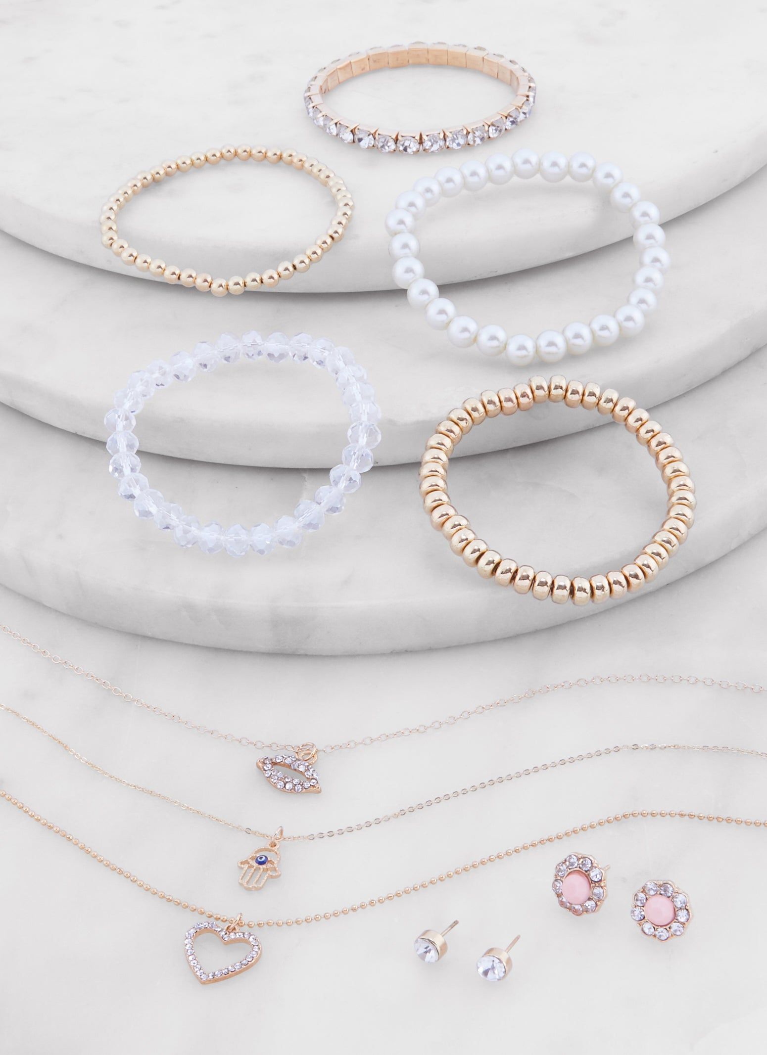 Heart Layered Necklace with Beaded Bracelets and Stud Earrings sold by Rainbow