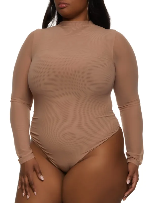 Plus Size Mesh High Neck Long Sleeve Bodysuit sold by Rainbow