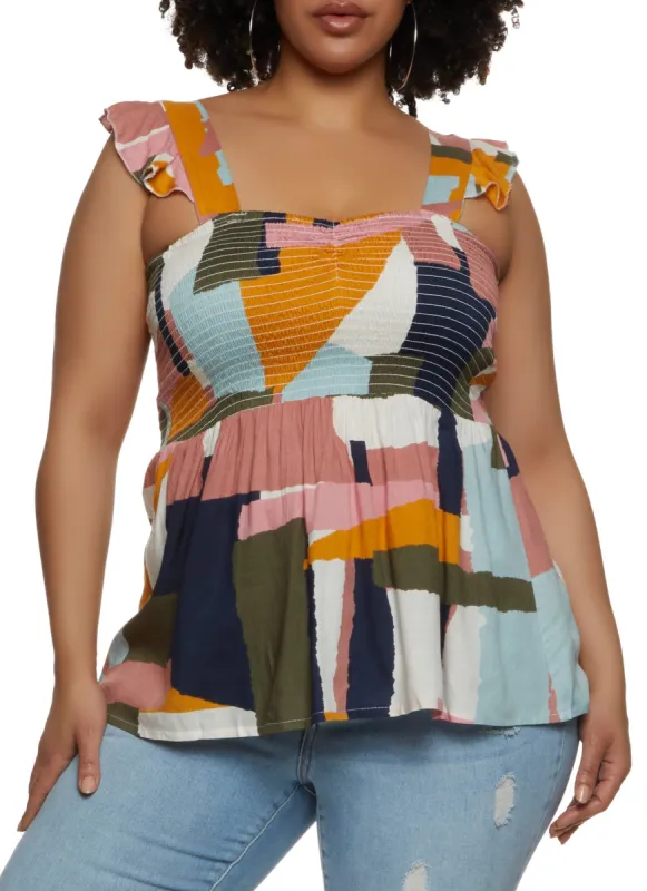 Plus Size Printed Sleeveless Smocked Tank Top sold by Rainbow