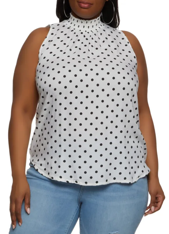 Plus Size Polka Dot Smocked Mock Neck Blouse sold by Rainbow