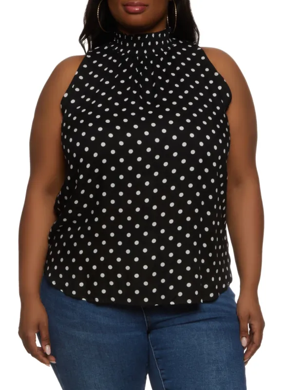 Plus Size Polka Dot Smocked Mock Neck Blouse sold by Rainbow