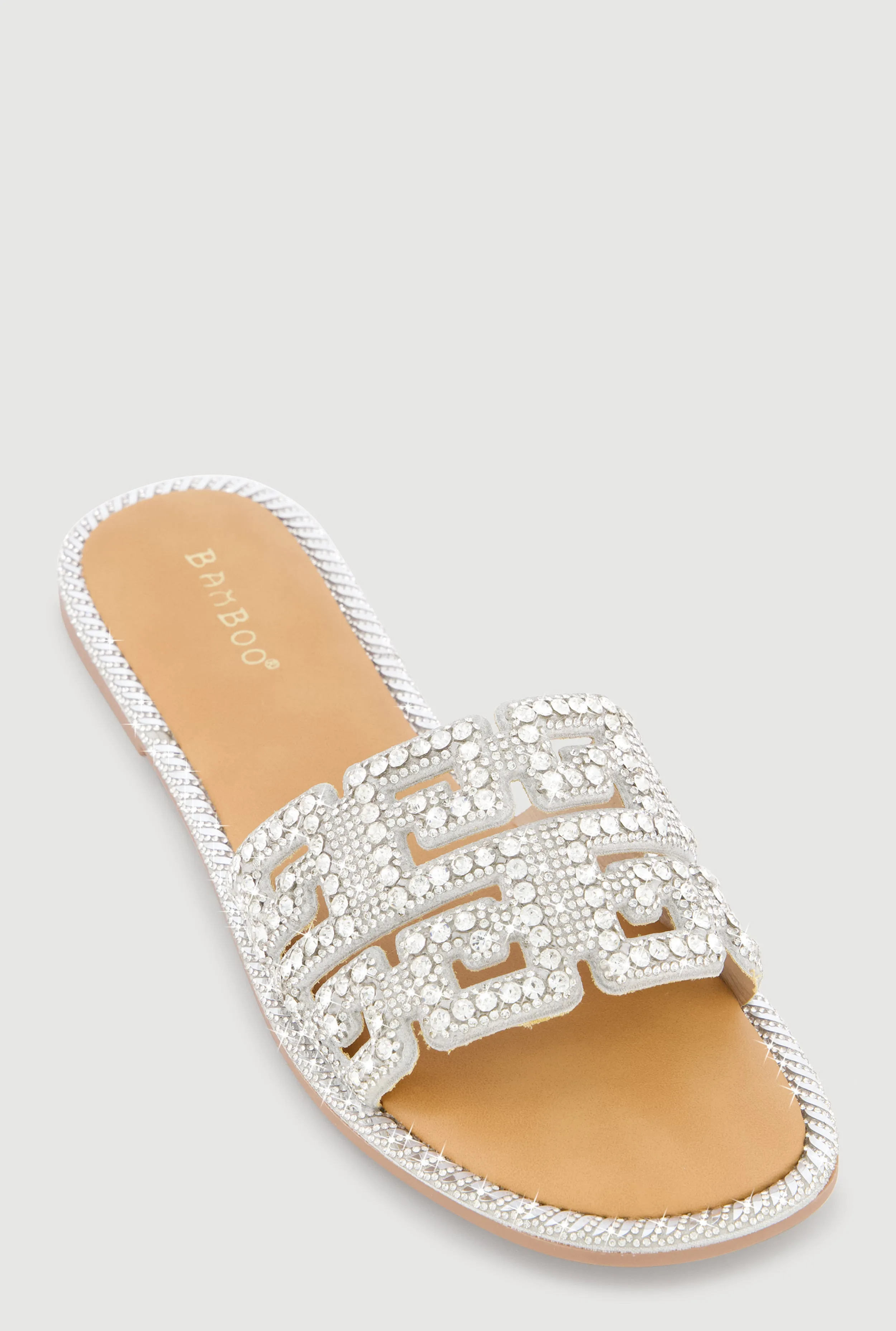 Rhinestone Greek Key Band Slide Sandals sold by Rainbow