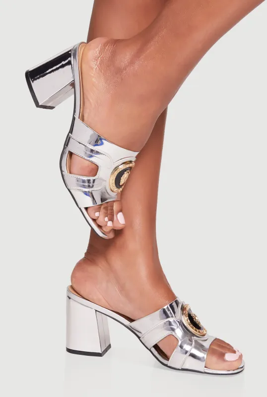 Metallic Pendant Cut Out Band Block Heel Sandals sold by Rainbow