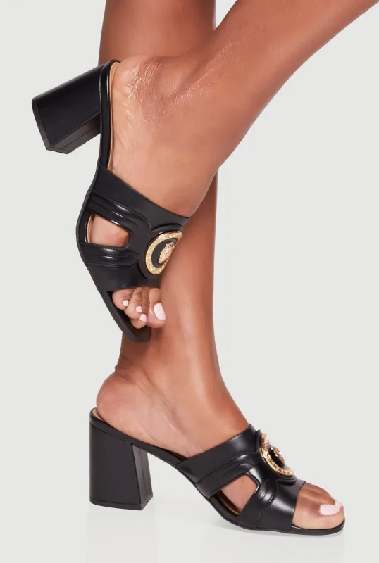 Metallic Pendant Cut Out Band Block Heel Sandals sold by Rainbow