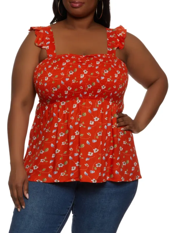Plus Size Floral Print Smocked Sleeveless Top sold by Rainbow