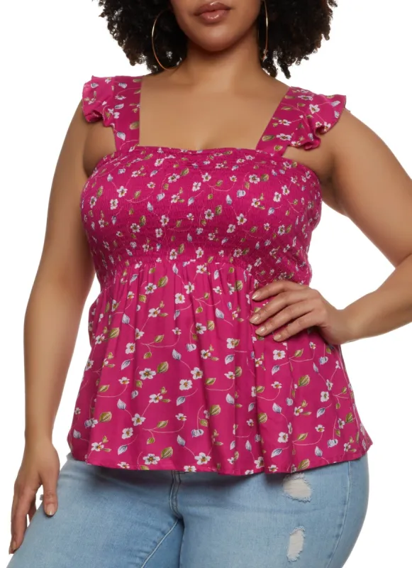Plus Size Floral Print Smocked Sleeveless Top sold by Rainbow
