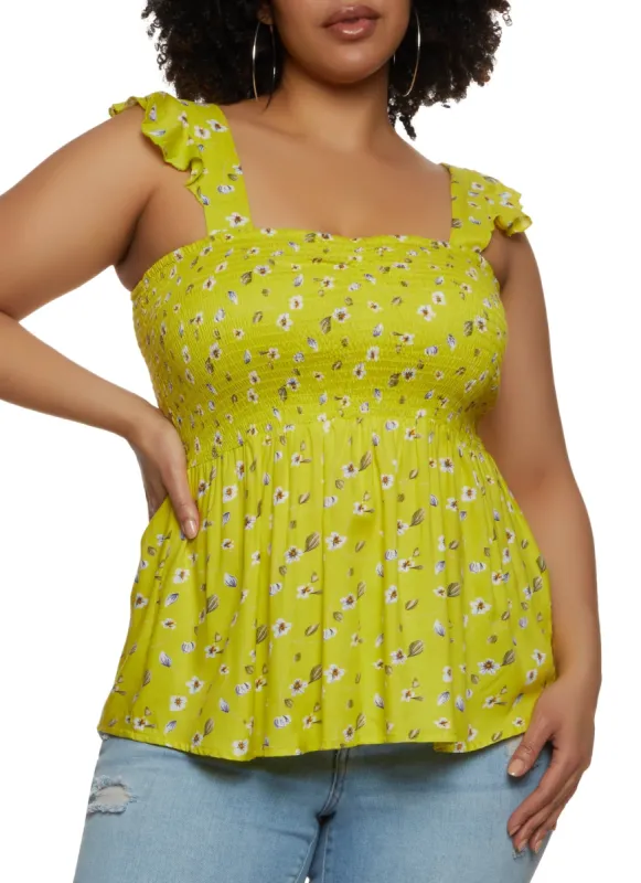 Plus Size Floral Print Smocked Sleeveless Top sold by Rainbow