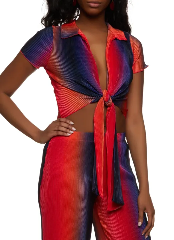 Plisse Ombre Short Sleeve Tie Front Shirt made by Rainbow