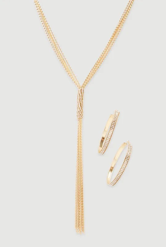 Cubic Zirconia Hoop Earrings and Tassel Lariat Necklace Set sold by Rainbow