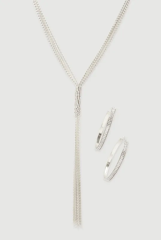 Cubic Zirconia Hoop Earrings and Tassel Lariat Necklace Set sold by Rainbow