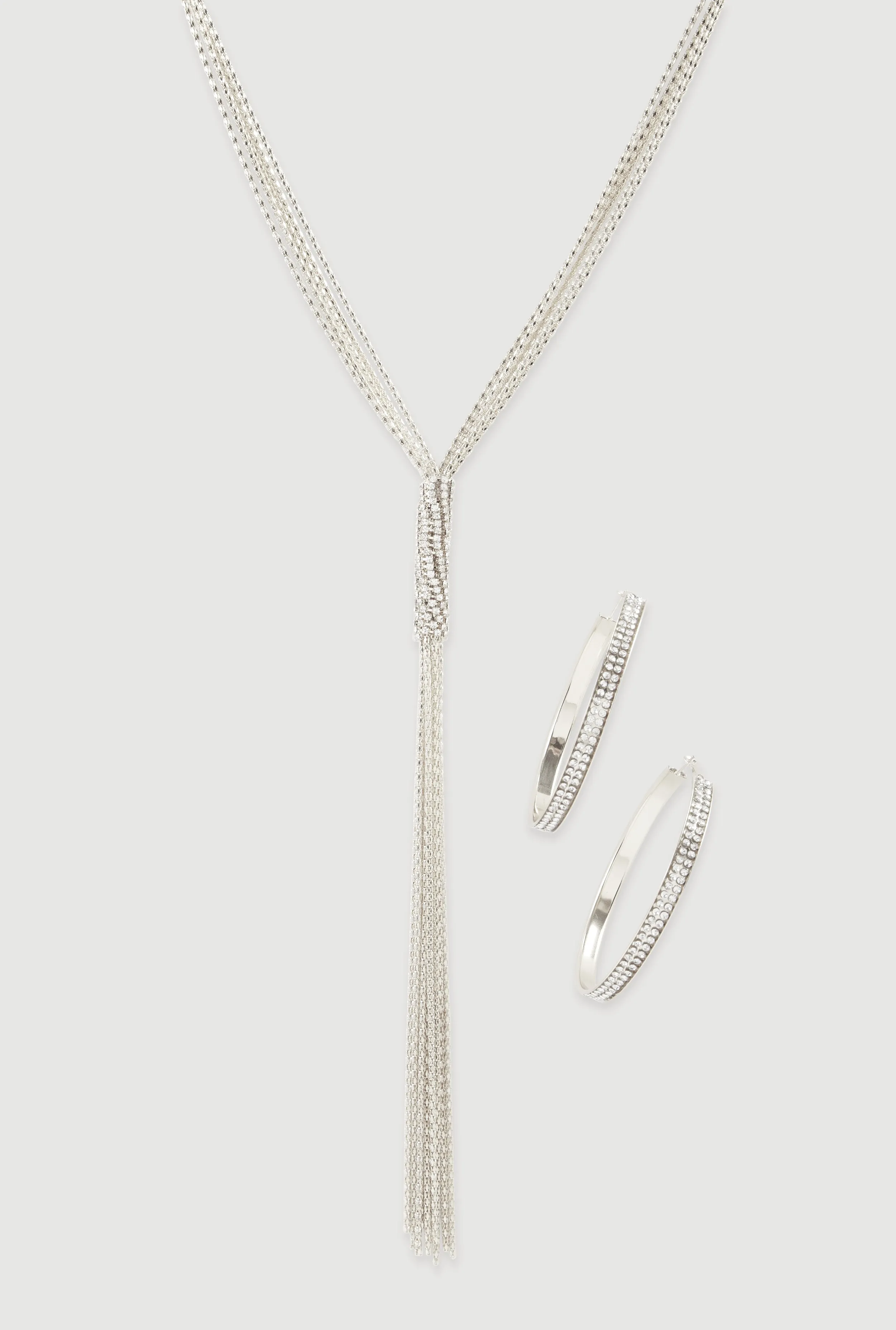 Cubic Zirconia Hoop Earrings and Tassel Lariat Necklace Set sold by Rainbow