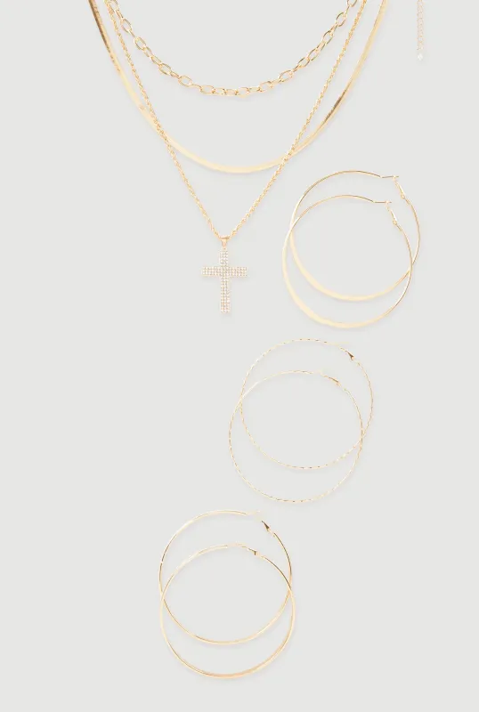 Cubic Zirconia Layered Cross Necklace and Hoop Earrings Set of 4 sold by Rainbow