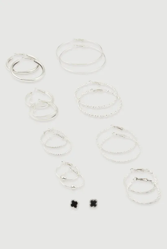 Metallic Assorted Hoop and Rhinestone Stud Earrings Set of 9 sold by Rainbow